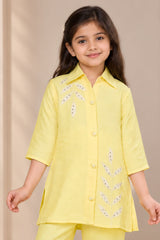 Lemon Yellow Embroidered Casual Co-ord Set for Girls