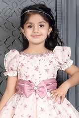 Pink Printed Frock With Bow Embellished For Girls