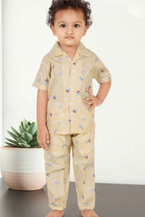 Beige Printed Co Ord Night Suits For Boys