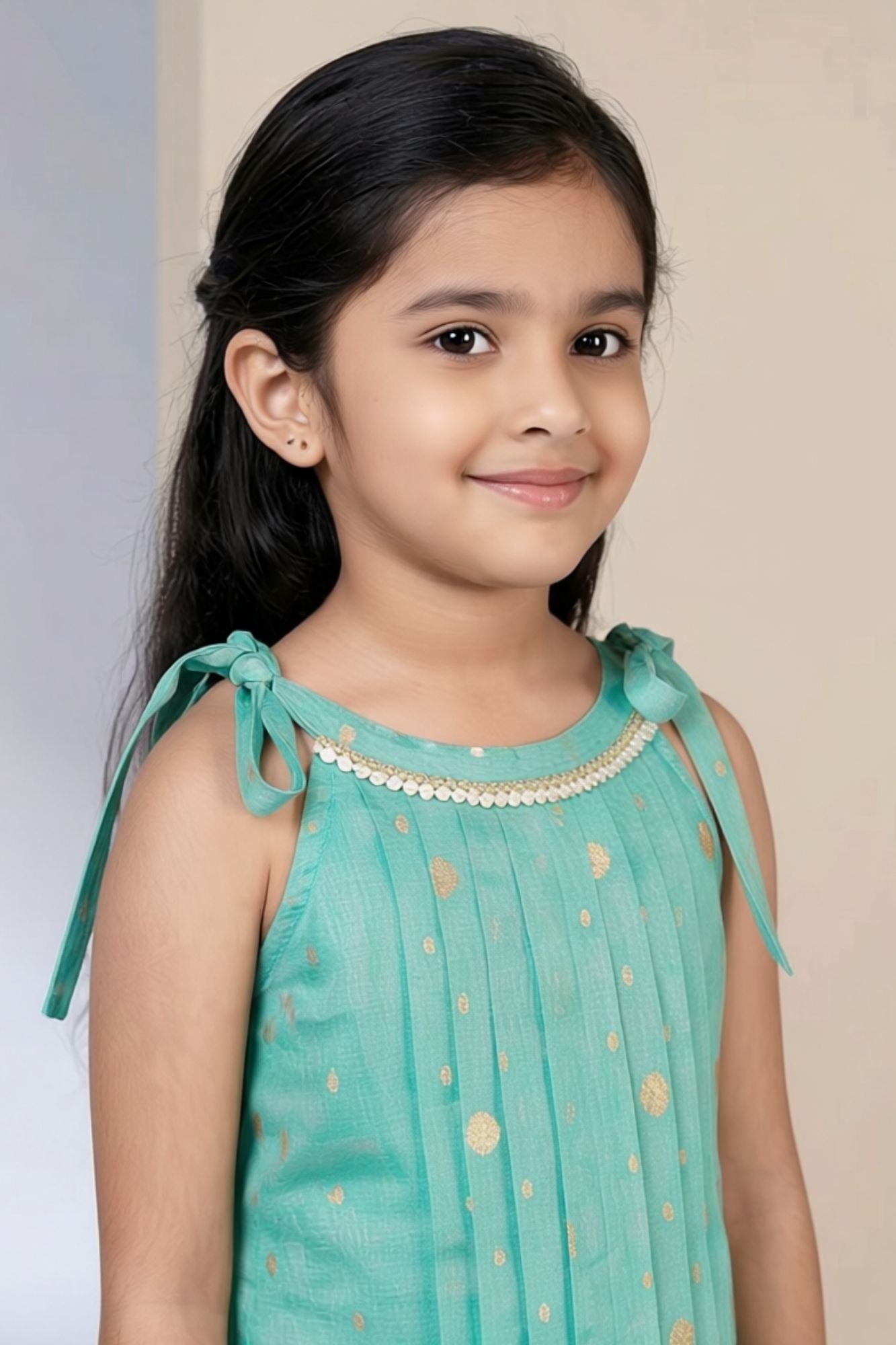 Girls Blue Sleeveless Dress with Pintuck Pleats