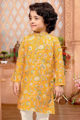 Mustard Yellow Floral Printed Kurta And White Pant Set For Boys