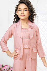 Pink Mirror Work Co Ord Set With Overcoat For Girls