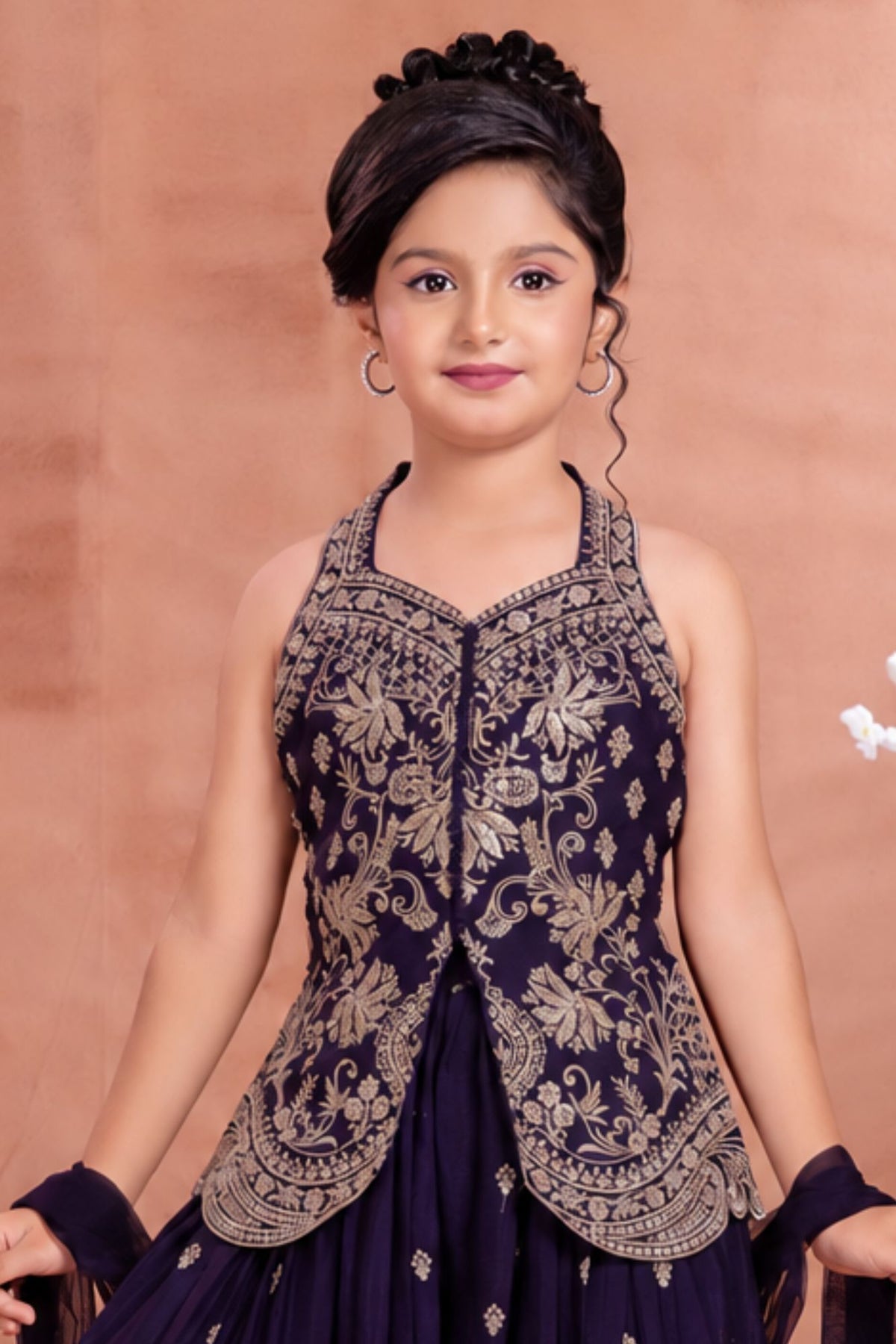 Girls Purple Gold Embroidered Palazzo Set With Dupatta