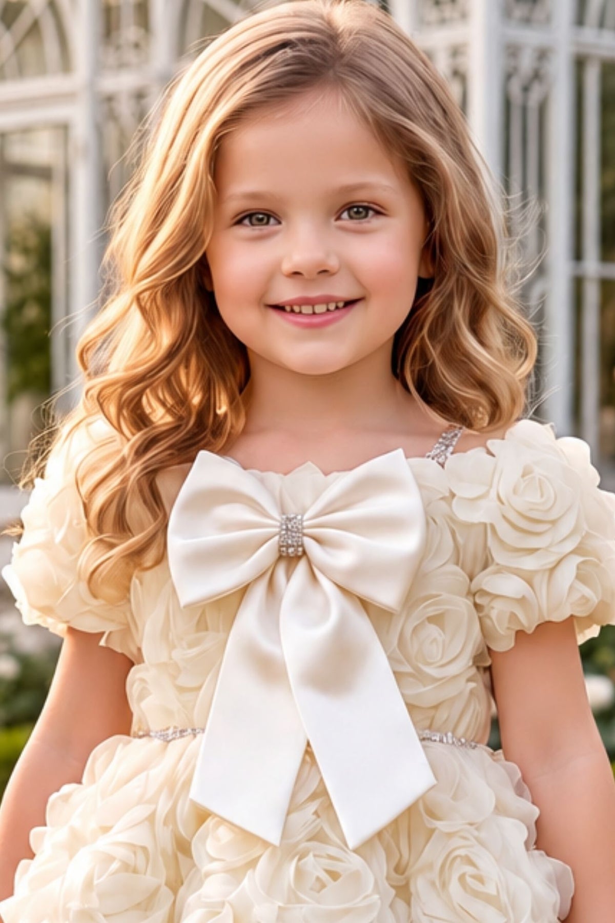 Girls Cream 3D Floral Net High-Low Party Frock With Statement Bow