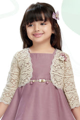 Girls Onion Pink Layered Frock With Lace Shrug And Floral Accent