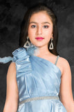 Sky Blue Organza Partywear Gown With Stone Waist Band For Girls