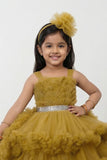 Girls Mustard High-Low Party Frock with Ruffled Layers And Embellished Waistbelt