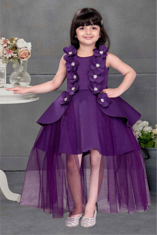 Violet Floral Embellished Party Wear Tailback Frock For Girls