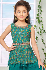 Rama Green Sleeveless And Floral Printed With Embroidered Palazzo Set For Girls