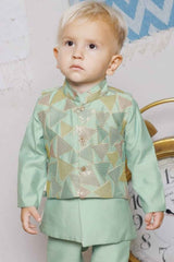 Pista Green Full Sleeve Kurta Set With Sequins Worked Waist Coat For Boys