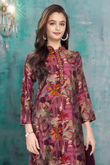 Wine Printed Straight Kurta And Pant Set For Girls