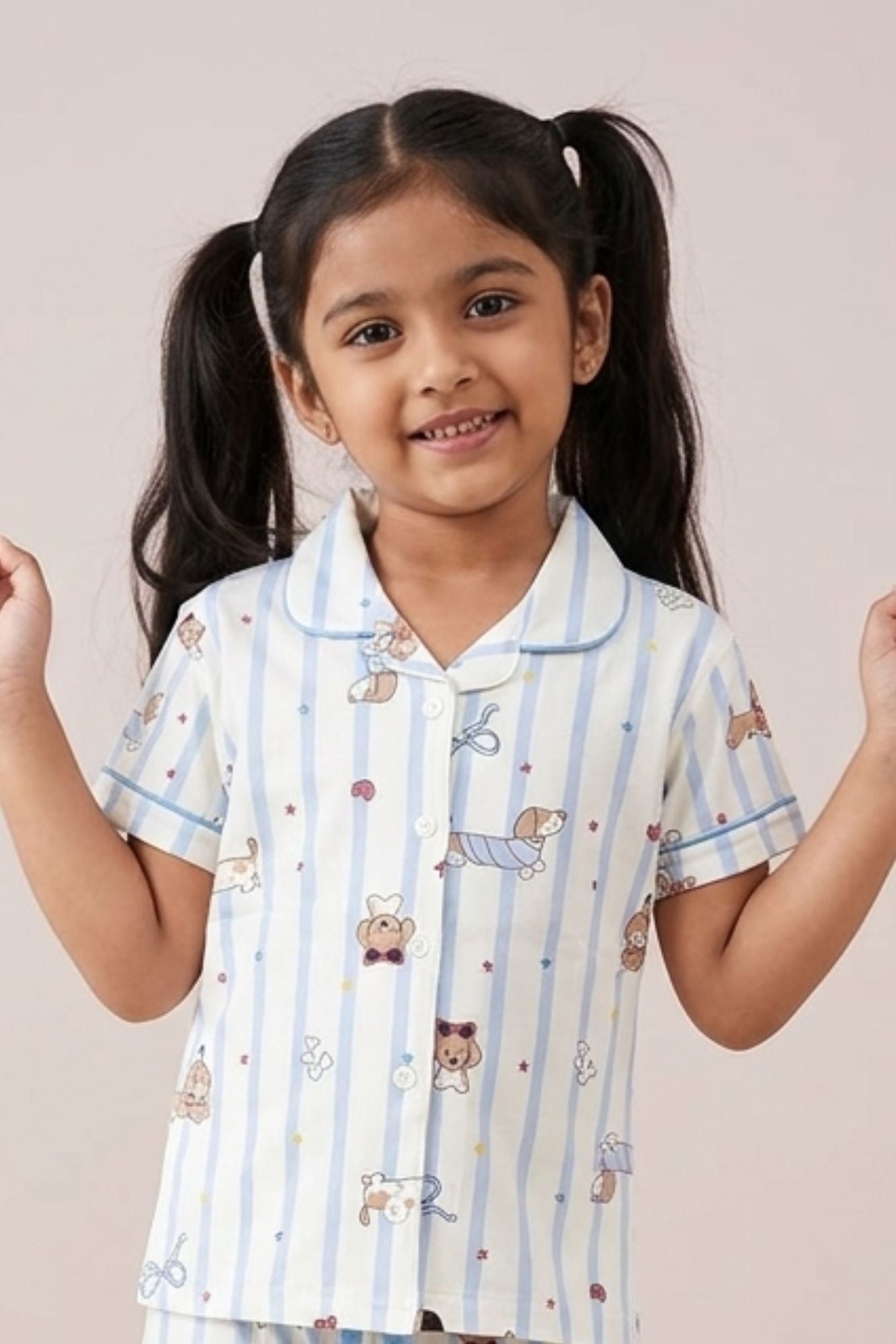 Girls Blue Striped Teddy Print Night Suit Set