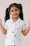 Girls Blue Striped Teddy Print Night Suit Set