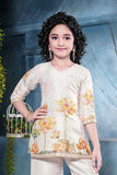 Beige Floral Printed and Sequins Work Palazzo Set For Girls