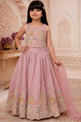Girls Onion Pink Floral Embroidered Lehenga Choli with Dupatta