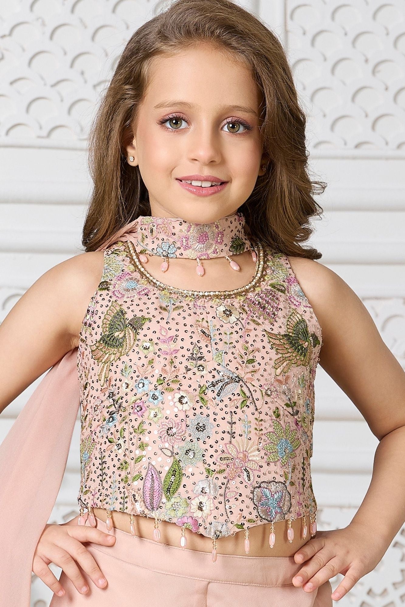 Girls Peach Sequin Embroidered Halter Neck Palazzo Set with Dupatta