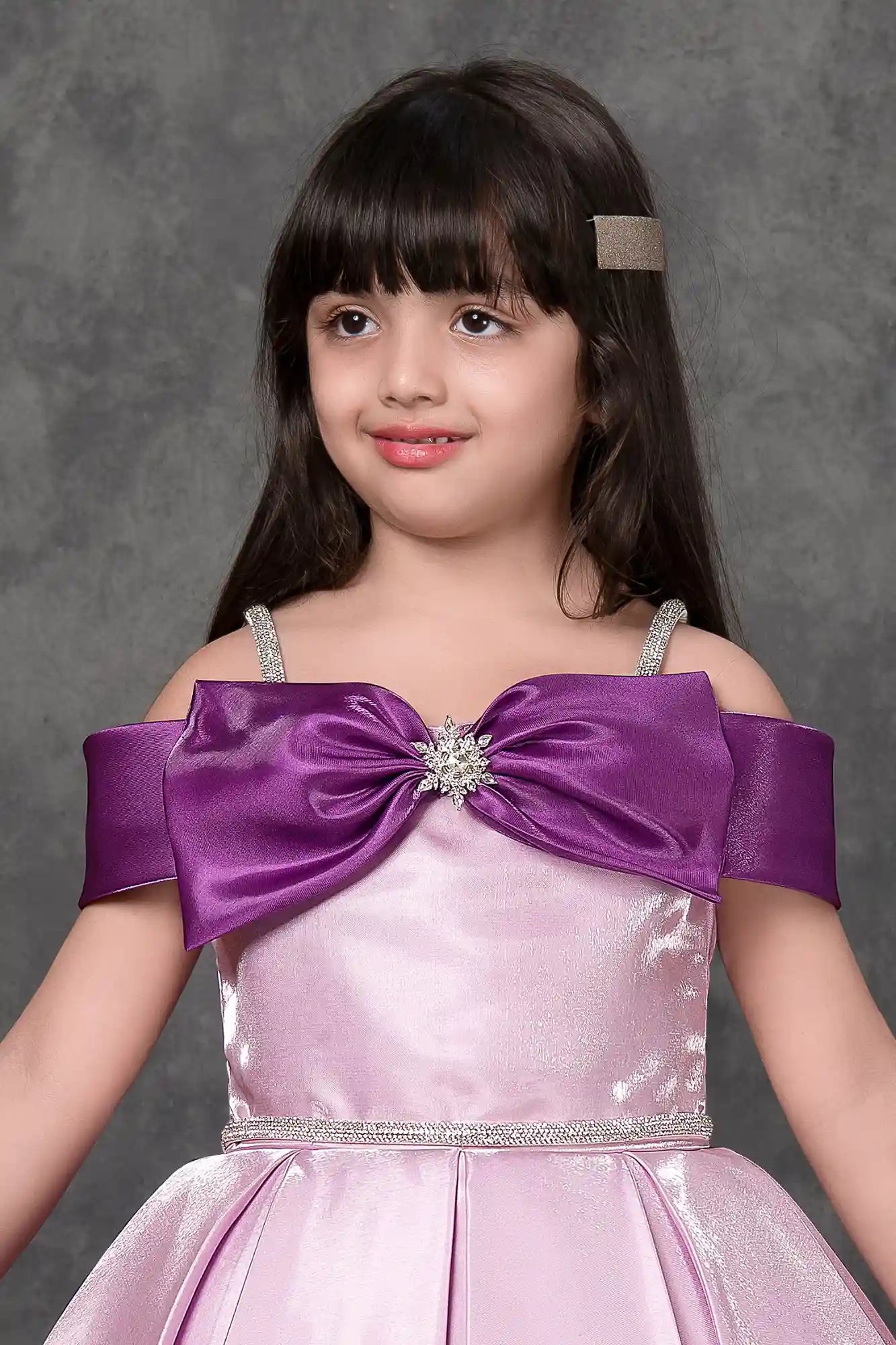 Lilac Off Shoulder Bow Embellished Party Frock For Girls