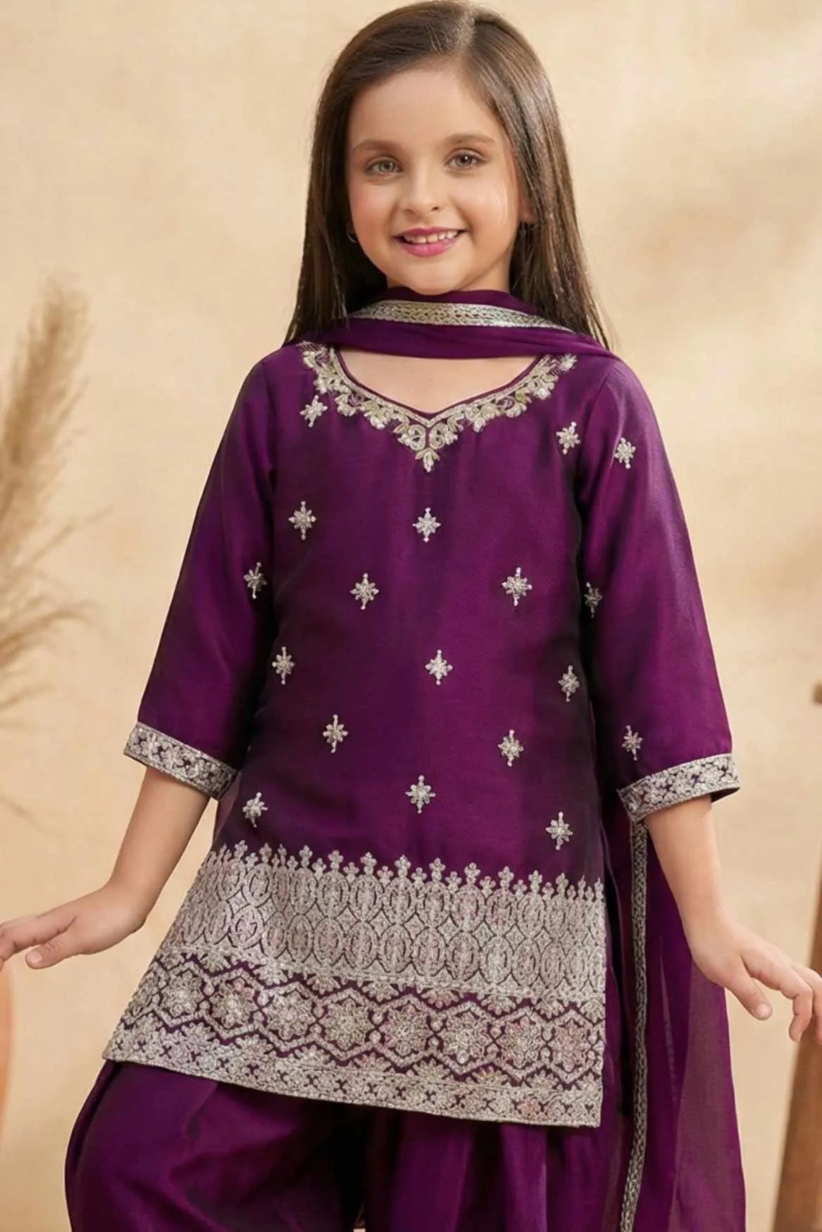 Wine  Embroidered Patiala Suit Set For Girls