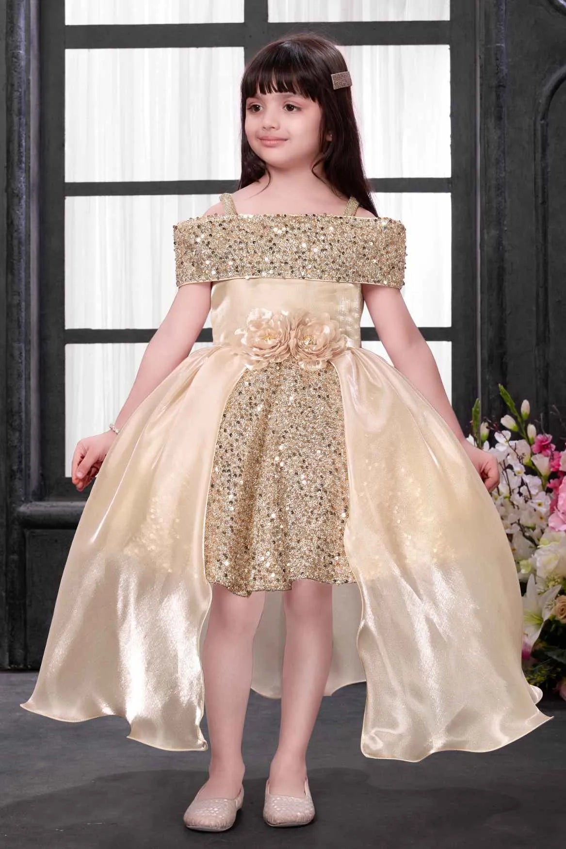 Fawn Sequined High-Low Party Wear Frock for Girls