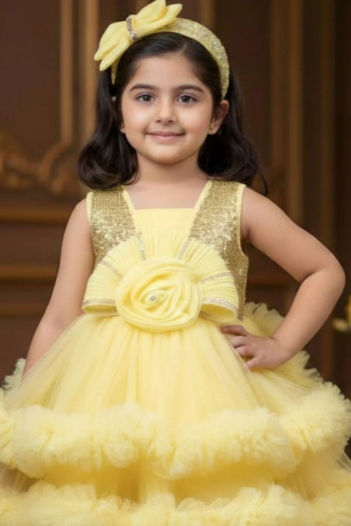Girls Yellow Sequin Party Frock with Layered Tulle and Floral Detail