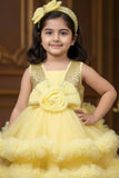 Girls Yellow Sequin Party Frock with Layered Tulle and Floral Detail
