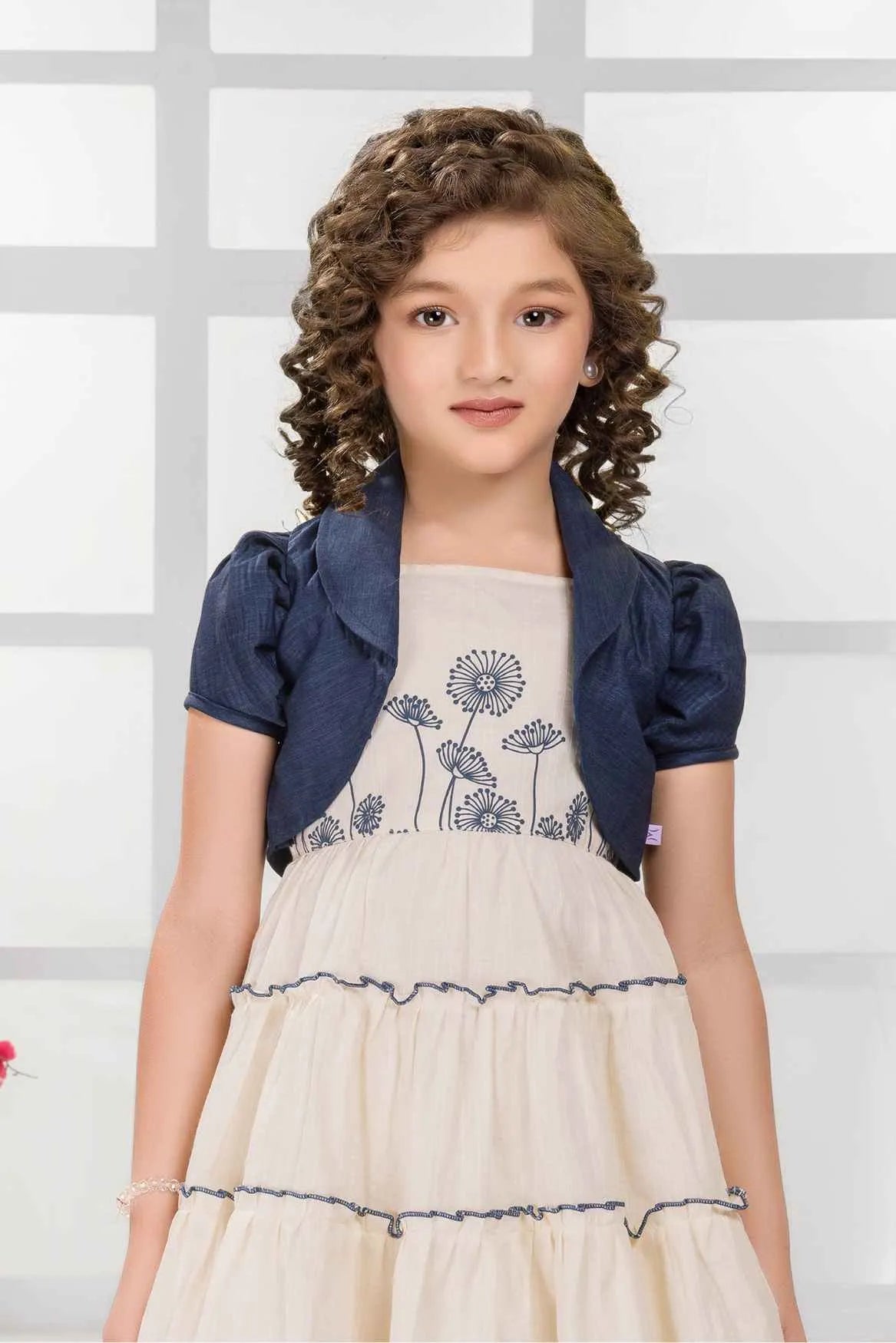 Cream Tiered Dress with Blue Shrug and Embroidered Bodice For Girls