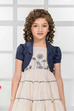 Cream Tiered Dress with Blue Shrug and Embroidered Bodice For Girls