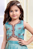 Teal Blue Peacock Printed Lehenga Choli Set with Embroidered Blouse For Girls