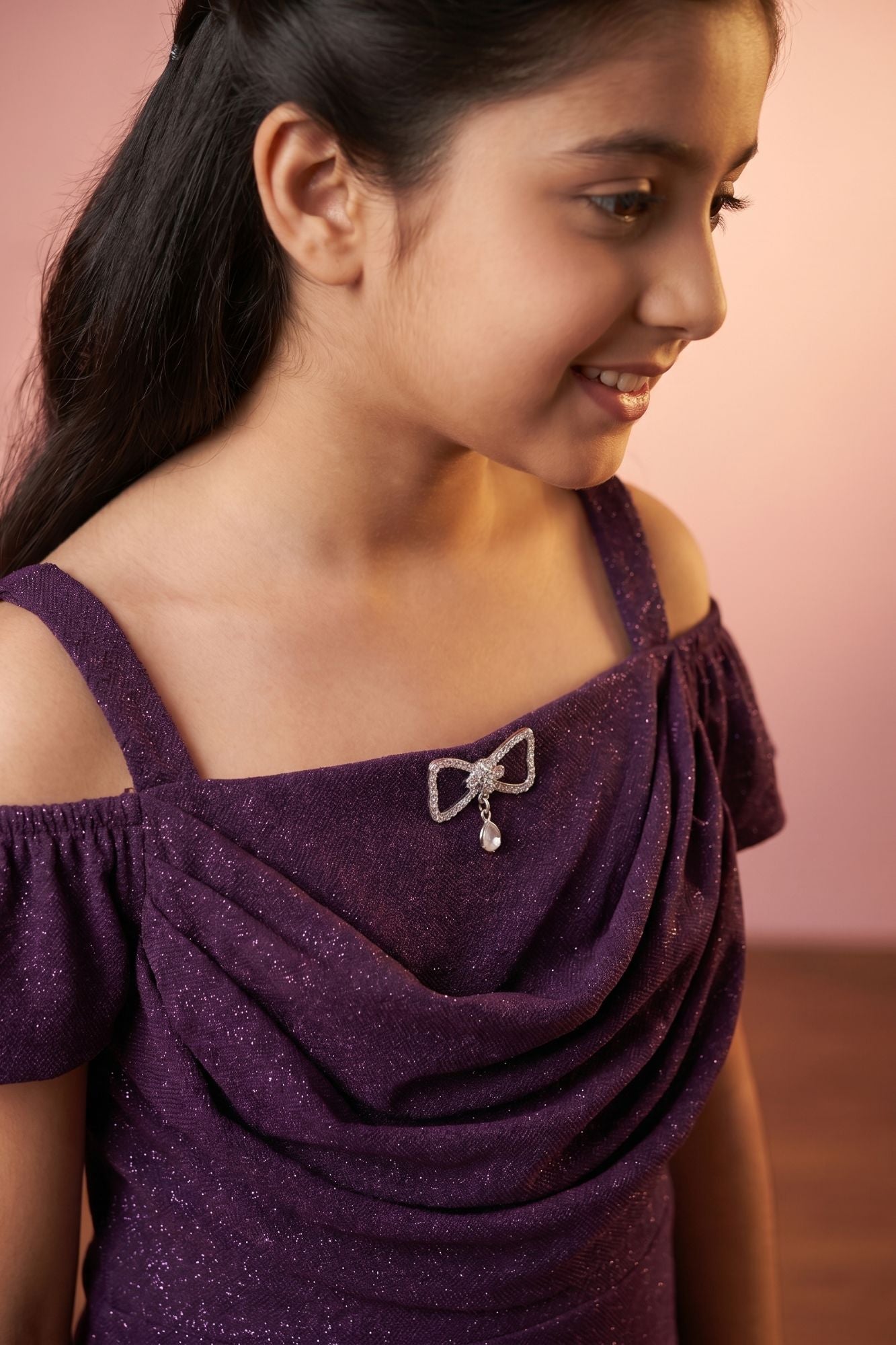 Purple Glitter Cold-Shoulder Mermaid Gown with Matching Arm Sleeves For Girls