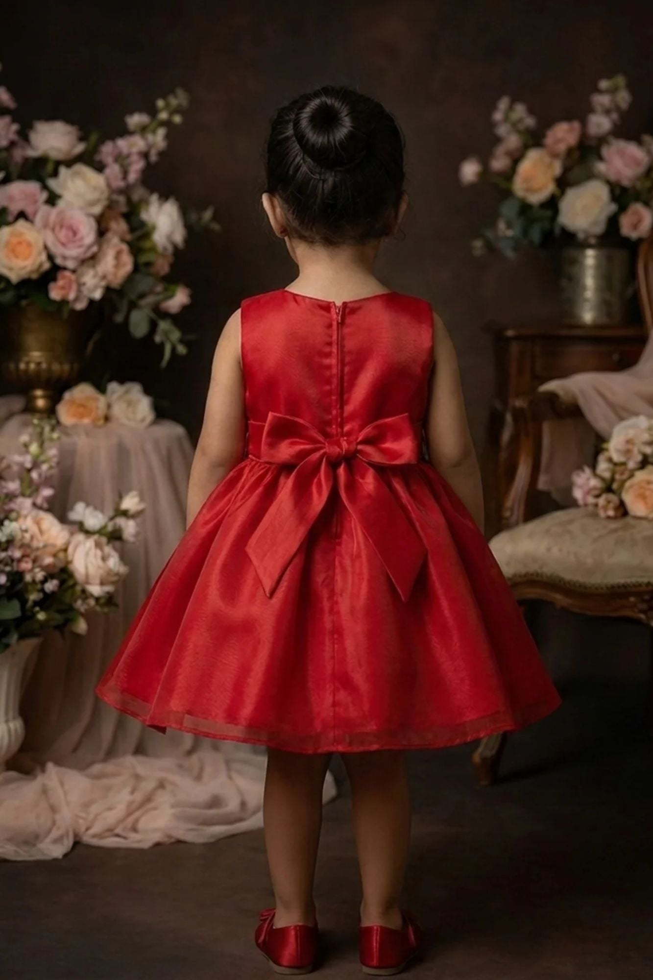 Girls Red  Party Frock With Black Floral Applique