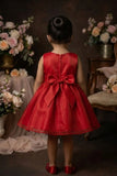 Girls Red  Party Frock With Black Floral Applique