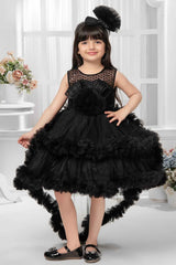 Black Sleeveless And Sequins Worked With Floral Embellished Tail Back Frock For Girls