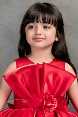 Designer Red Sleeveless And Floral Embellished Frock For Girls