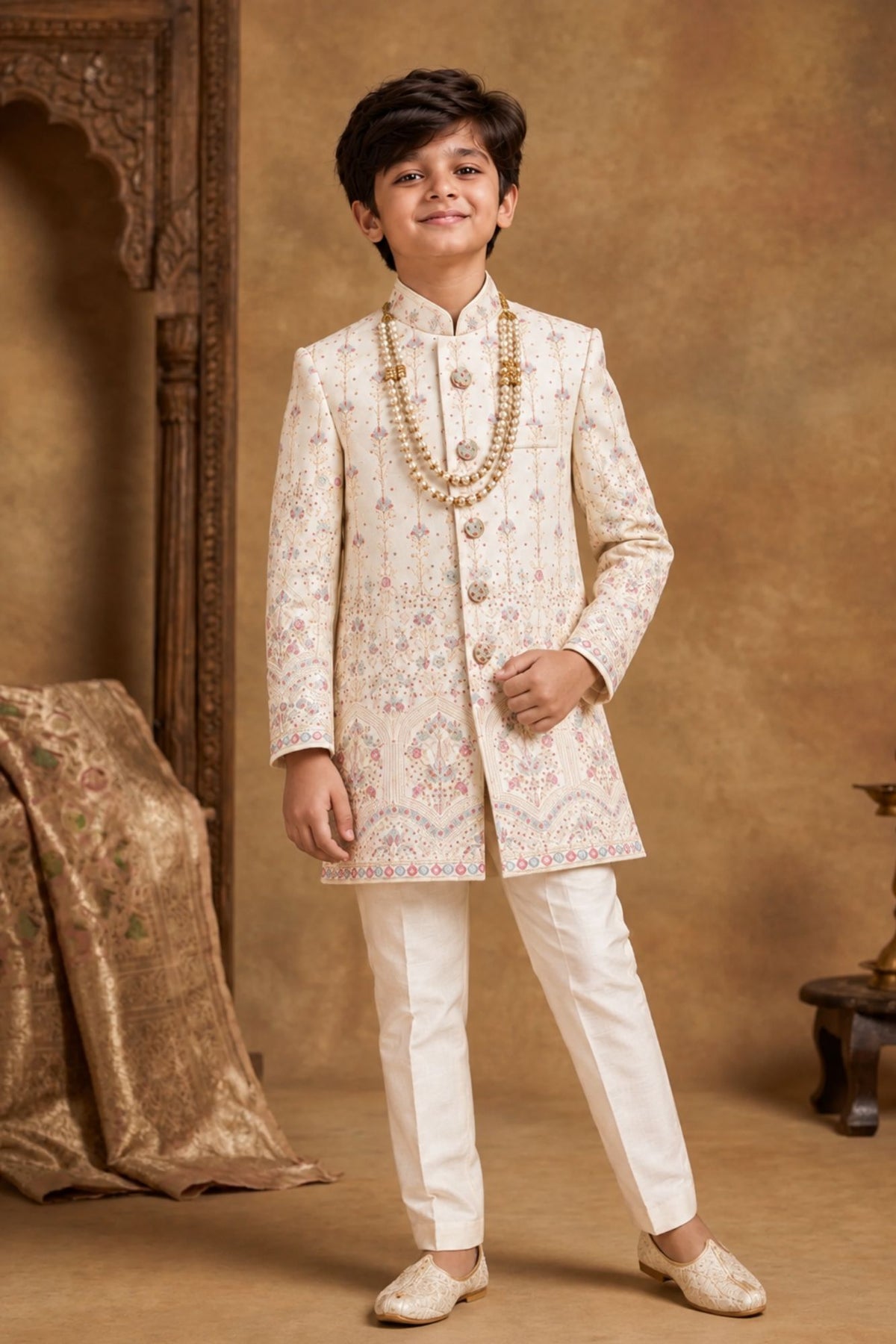 Cream Embroidered Sherwani Set With Classic Pants For Boys