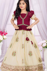 Maroon Banarasi Silk Pattu Pavadai With Embroidery Work For Girls