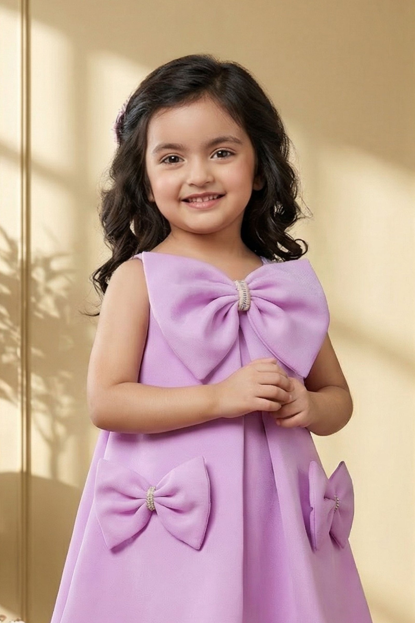 Girls Lavender A-Line Party Dress with Statement Bow Details