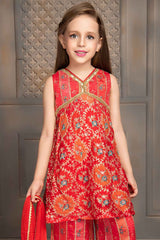 Red Sleeveless And Sequins Work With Zari Embroidery Top And Palazzo Set For Girls