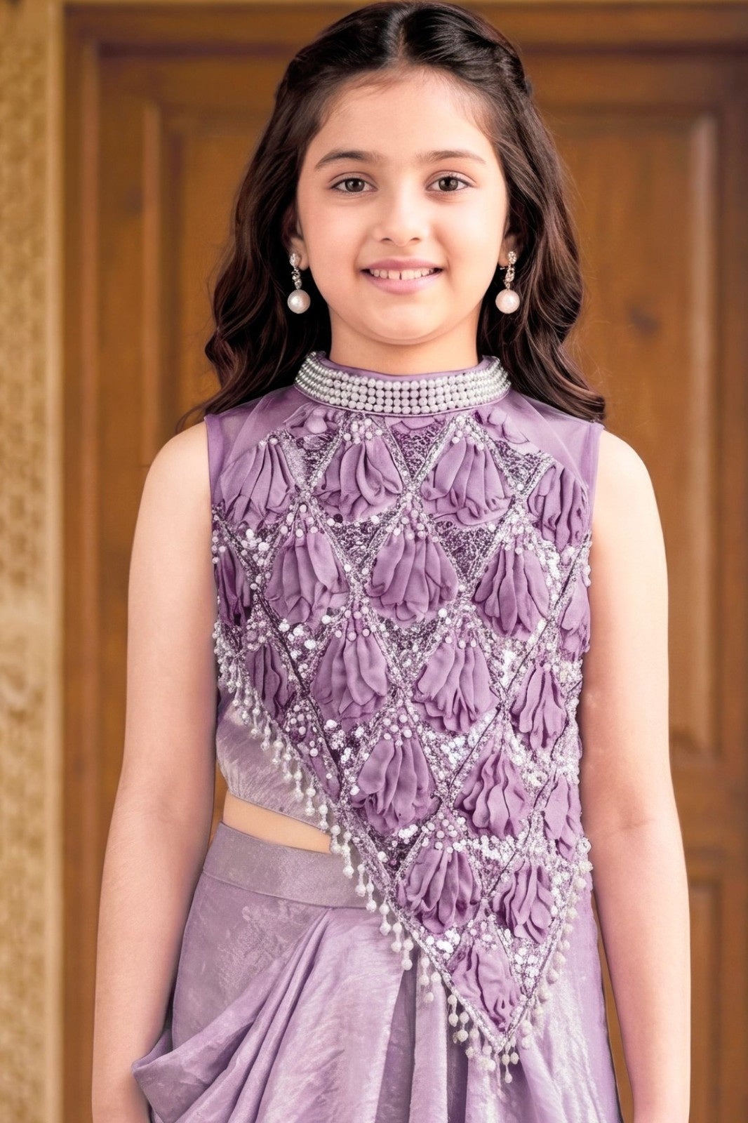 Lavender Embellished Draped Lehenga Set For Girls