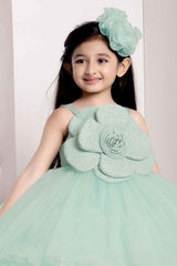 Green Sleeveless And Embellished With Brocade Floral Frock For Girls