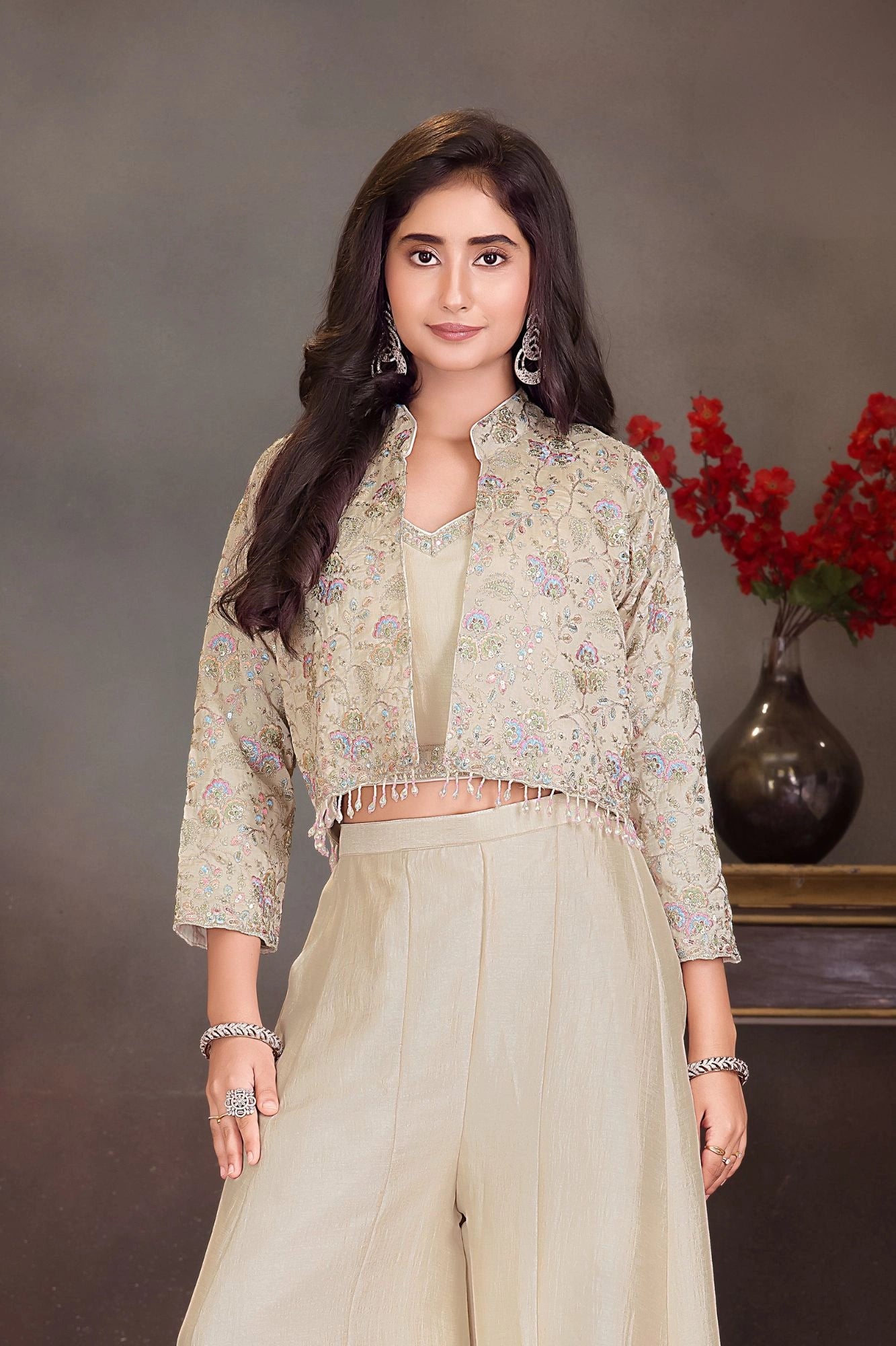 Cream Embroidered Palazzo Set with Crop Top & Jacket For Girls