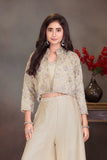Cream Embroidered Palazzo Set with Crop Top & Jacket For Girls