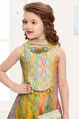 Multicolor Embroidered Work Sharara Set With Sling Bag For Girls