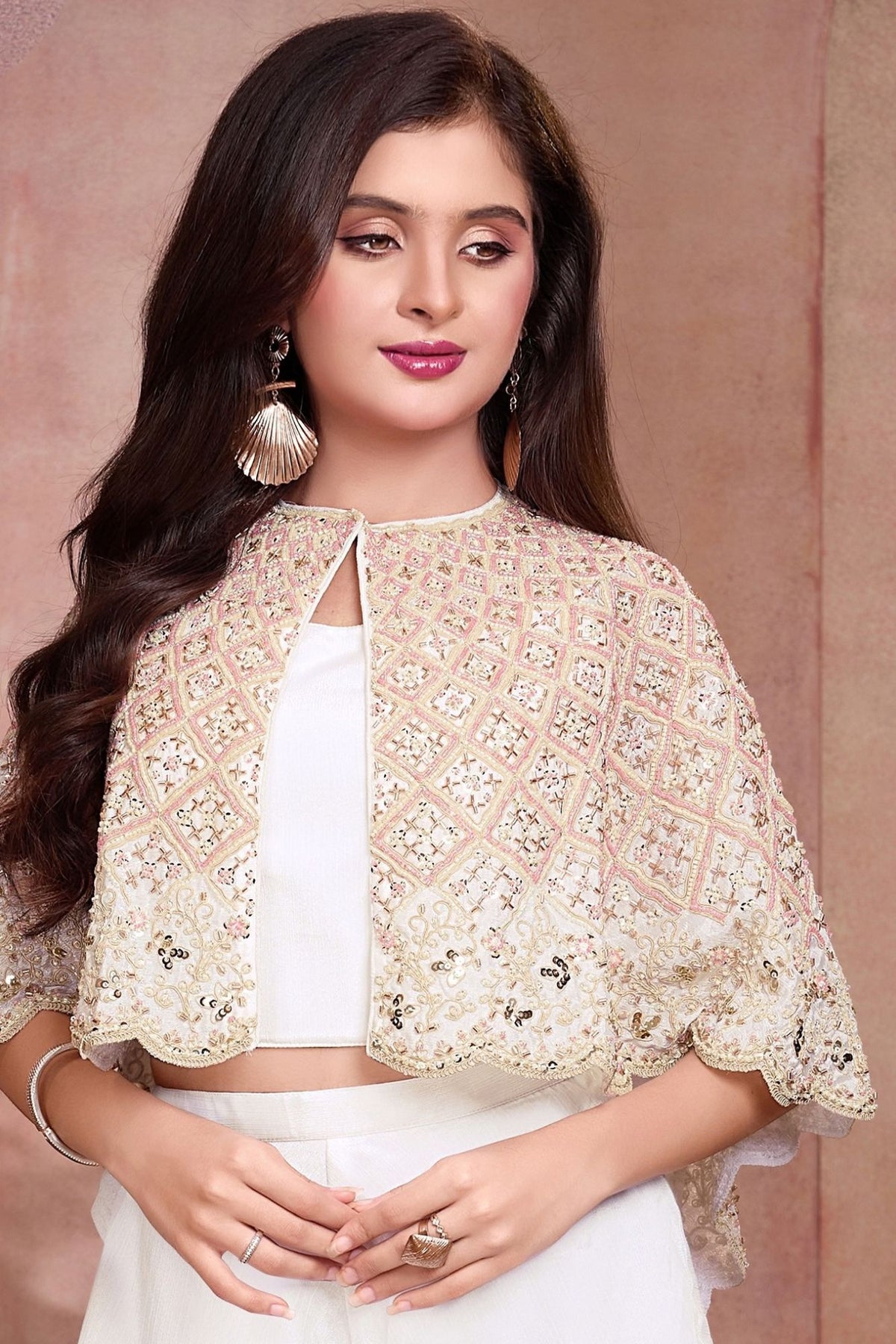Girls Cream  Sequin Embroidered Cape Top With Flared Palazzo Set