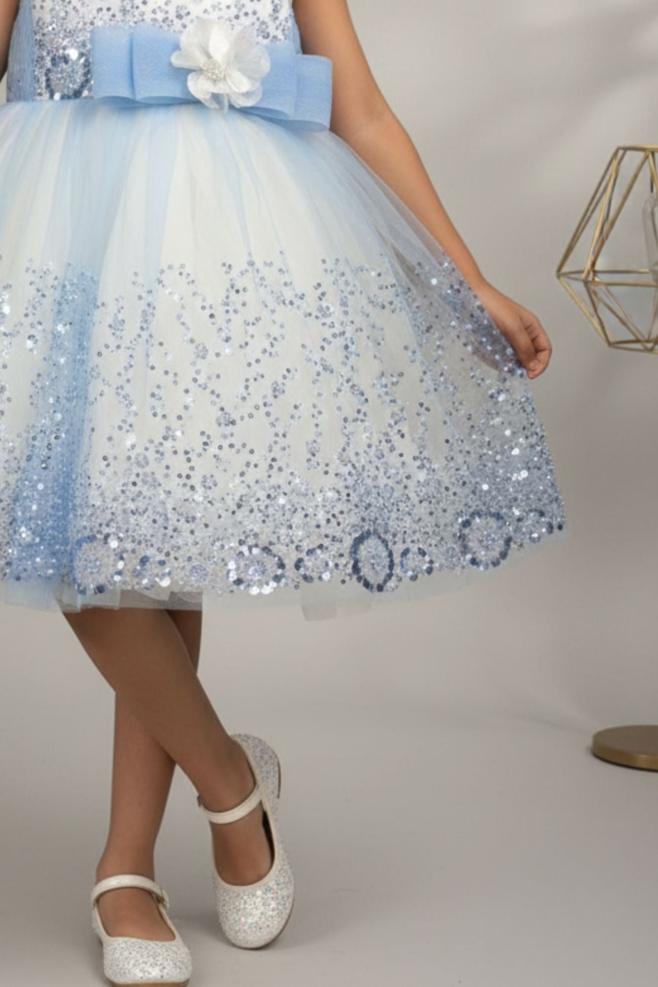 Blue Sequin Party Wear Frock With Bow For Girls