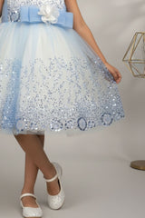 Blue Sequin Party Wear Frock With Bow For Girls