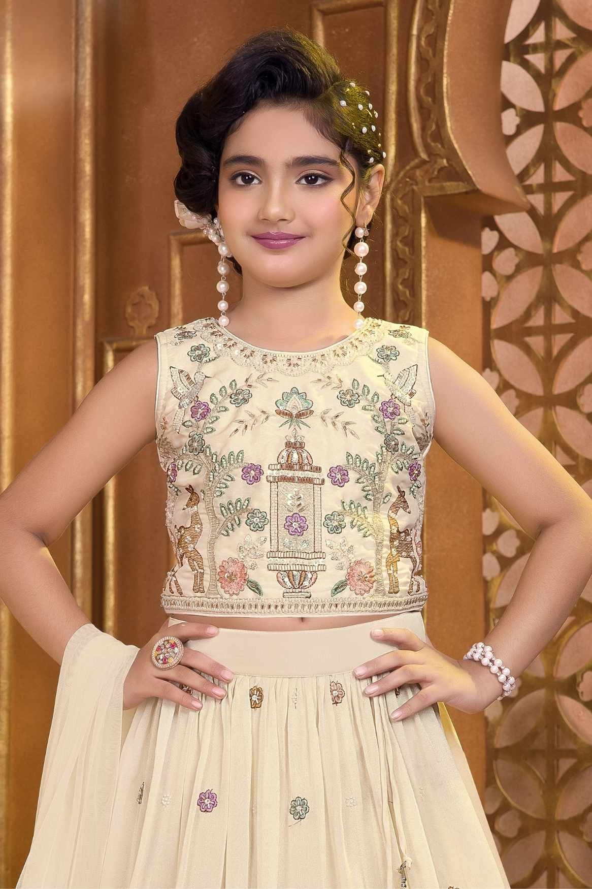 Beige Zari Embroidered Lehenga Choli Set For Girls