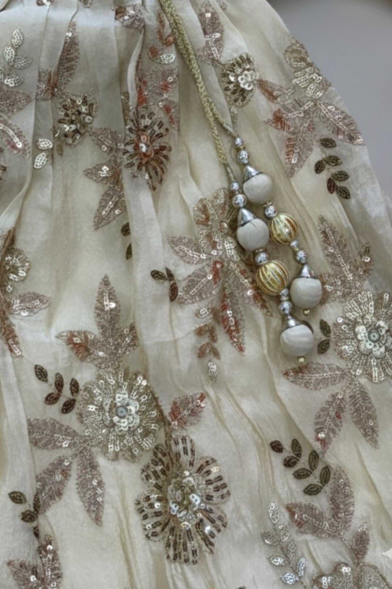Cream And Gold Embroidered Lehenga Choli Set with Floral Motifs For Girls