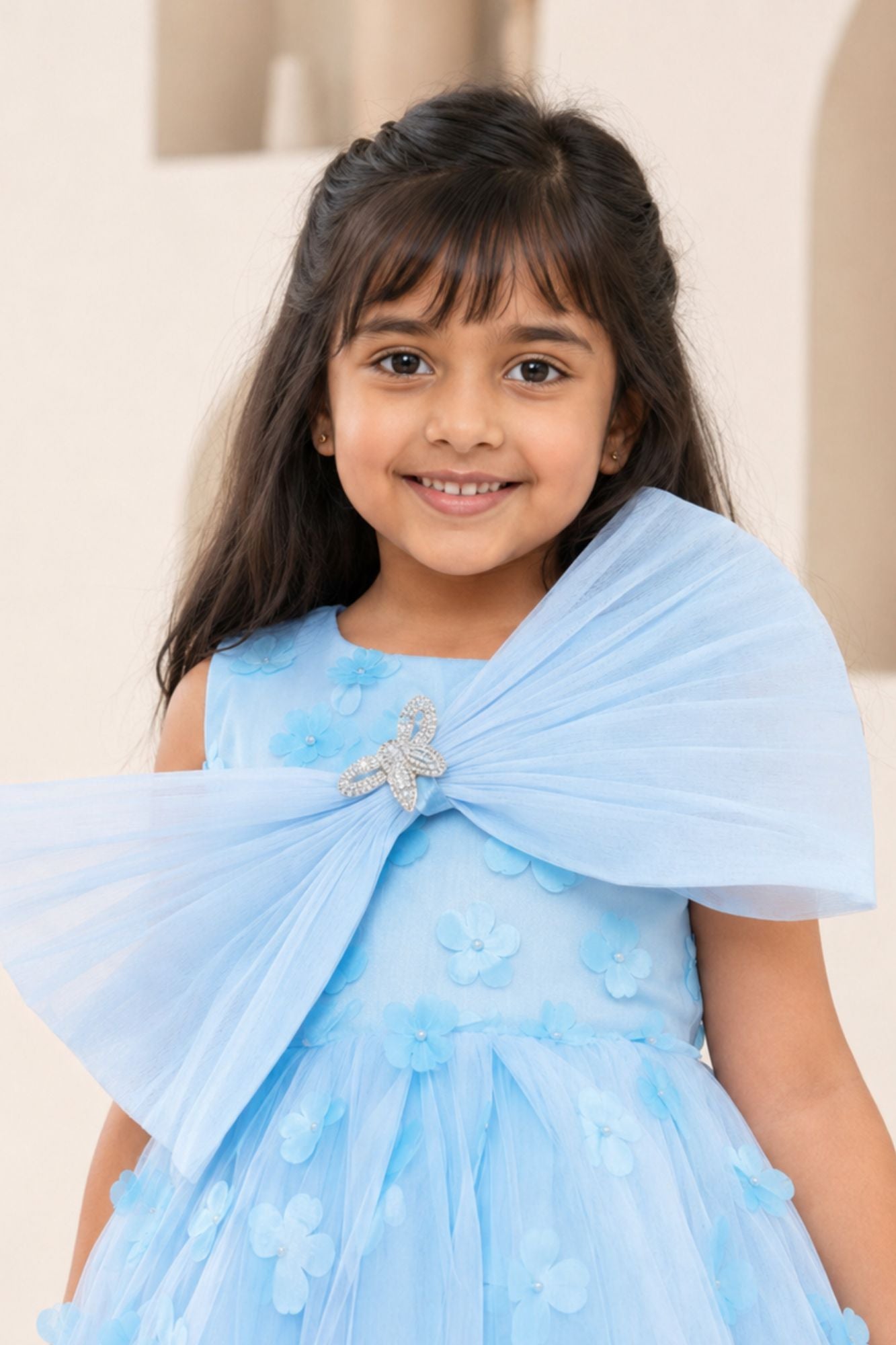 Blue 3D Floral Embellishments Party Wear Frock For Girls