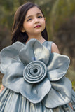 Steel Blue Oversized 3D Flower Party Wear Gown For Girls