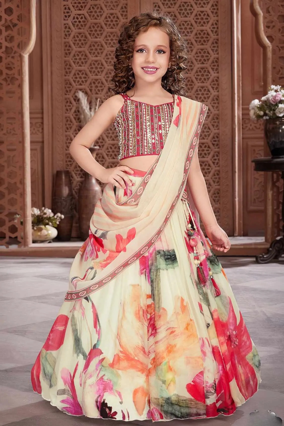 Ivory Floral Printed Lehenga Choli Set for Girls